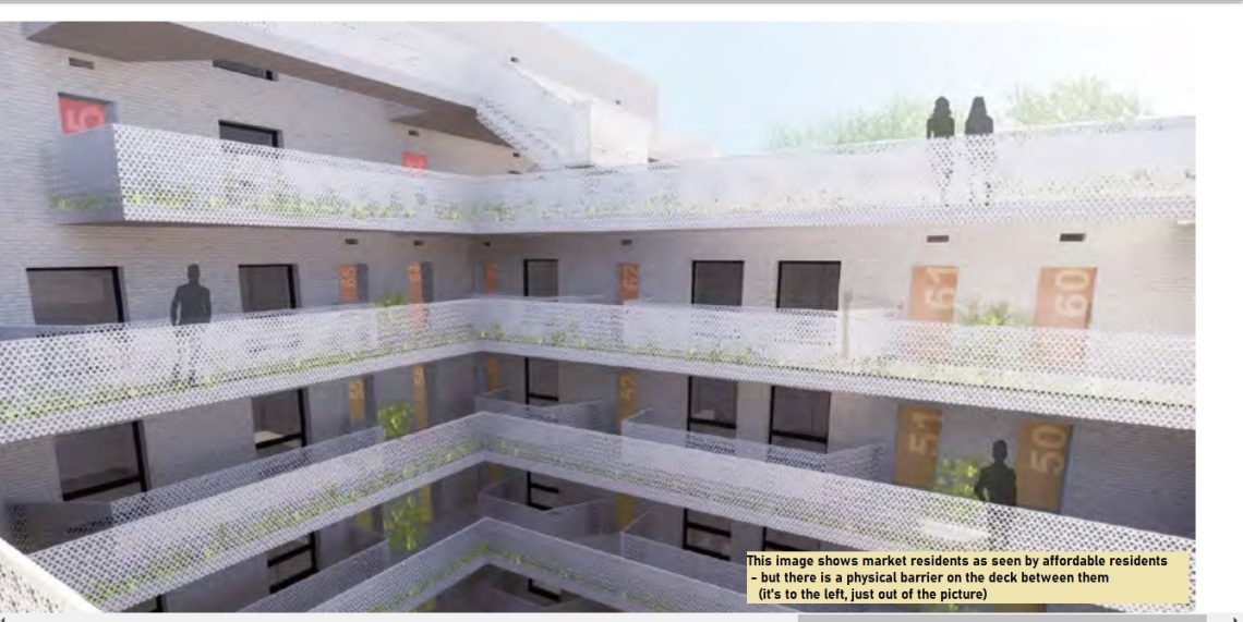 internal courtyard - this image shows market residents as seen by affordable residents - but there is a phyiscal barrier on the deck between them (it's to the left, just out of the picture)